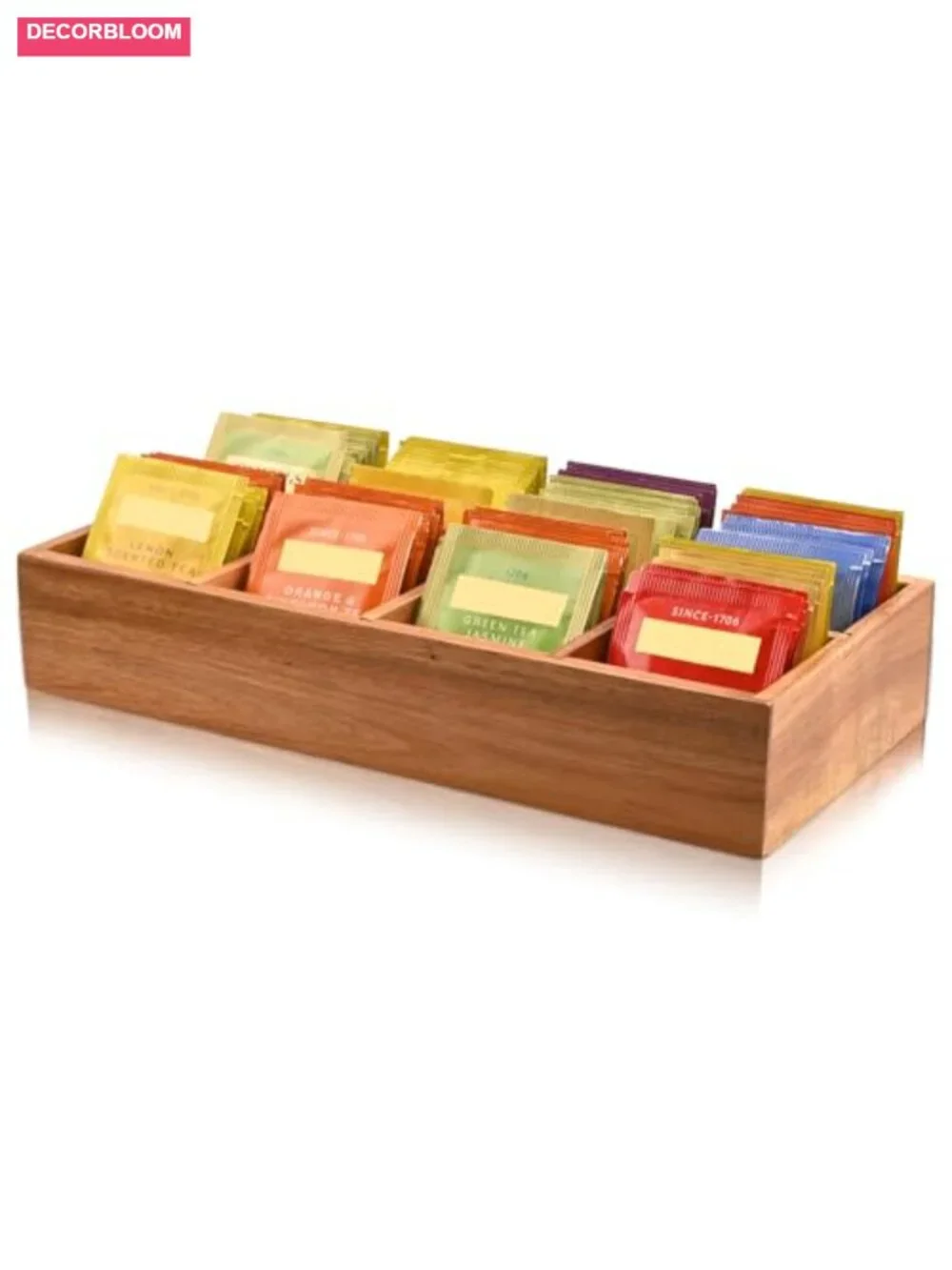 Acacia Wood Tea Bag Organizer with 8 Slots – Tea Bag Holder and Storage for